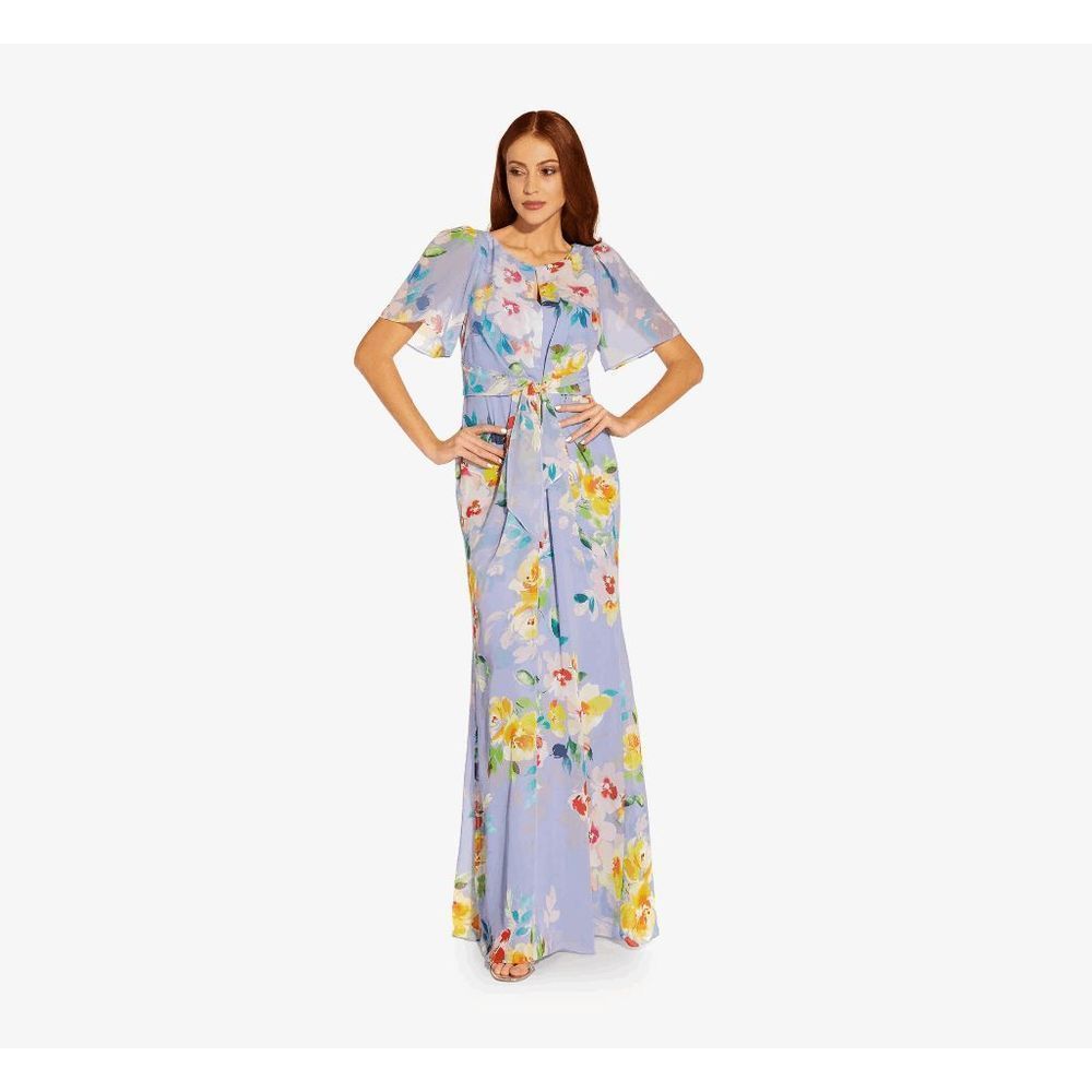 ADRIANNA PAPELL FLORAL-PRINT HAND-BEADED CHIFFON LONG GOWN SIZE 8